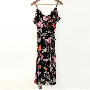 Summer Night Multi-Color Floral Print Cold Shoulder Ruffle Hem Slit Dress